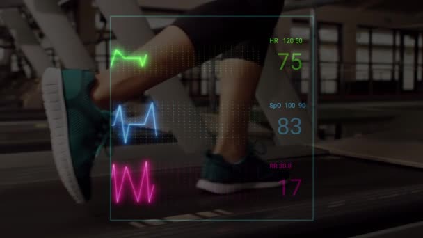 Animation Cardiograph Caucasian Sportswoman Exercising Health Fitness Digital Interface Concept — Stockvideo