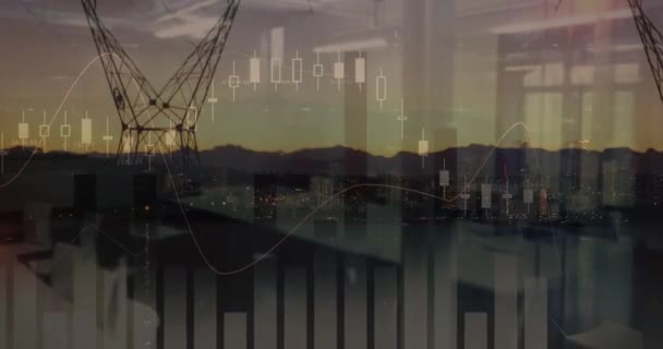 Animatie Van Verwerking Van Financiële Gegevens Stadsgezicht Mondiaal Financieel Computer — Stockvideo