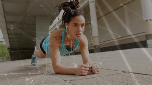 Animation Network Connections Fit Biracial Woman Doing Plank Sport Active — Vídeo de Stock