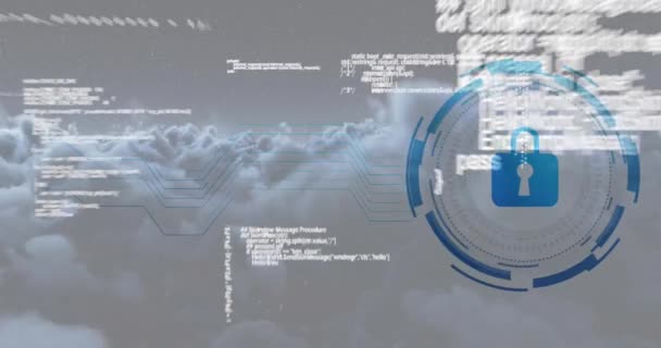 Animacja Kłódki Nad Przetwarzaniem Danych Chmur Czarnym Tle Koncepcja Mediów — Wideo stockowe