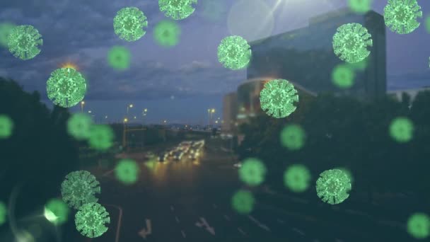 Green Covid Cells Spots Light Night City Traffic Background Covid — Vídeo de Stock