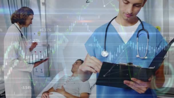Animation Data Processing Two Diverse Doctors Patient Global Medicine Technology — Vídeo de stock
