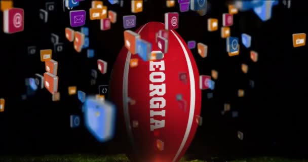 Animation Media Icons Rugby Ball Georgia Text Black Background Social — Video Stock