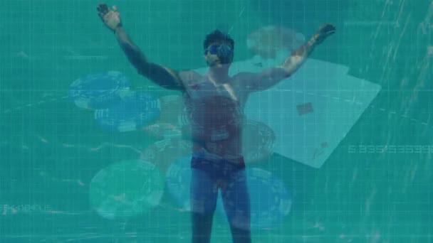 Animation Data Casio Chips Caucasian Man Underwater Swimming Pool Global — 图库视频影像