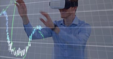 Animation of financial data processing over caucasian man using vr headset. Global business, finances, digital interface and connections concept digitally generated video.