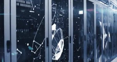 Sunucu odasındaki şekillerin animasyonu. küresel iş ve dijital arayüz kavramı dijital olarak oluşturulmuş video.