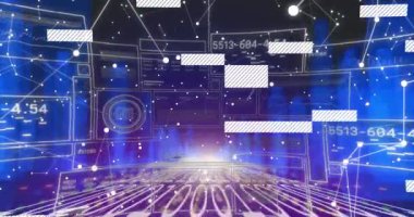 Veri işlemenin animasyonu ve şehir siyah arkaplan üzerinde. Sosyal medya ve dijital arayüz konsepti dijital olarak oluşturulmuş video.