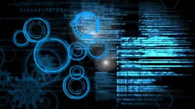 Çemberlerin animasyonu ve siyah arkaplan üzerindeki çeşitli veri işlemeleri. küresel ağ, bağlantılar, veri ve teknoloji konsepti dijital olarak oluşturulmuş video.