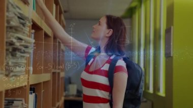 Matematiksel formüllerin, beyaz kız öğrencilere göre animasyonu. Eğitim ve öğrenme kavramı dijital olarak oluşturulmuş video.