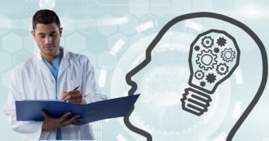Animation of biracial male doctor and head with light bulb icon over data processing. World alzheimer's month and celebration concept digitally generated video.