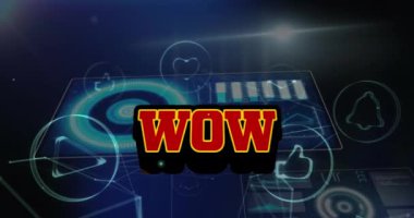 Wow metninin simgeler ve veri işleme üzerine animasyonu. küresel sosyal medya, veri işleme ve dijital arayüz kavramı dijital olarak oluşturulmuş video.