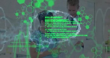 Animation of data processing and dna strand spinning over diverse doctors. global medicine, research, healthcare, digital interface and data processing concept digitally generated video.