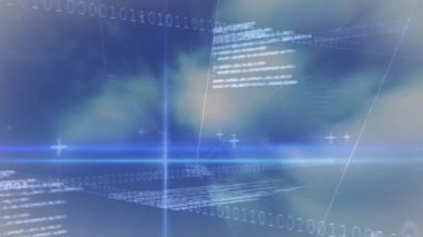 Veri işlemenin animasyonu ve bulutların üzerindeki ikili kod. küresel ağ, bağlantılar, veri ve teknoloji konsepti dijital olarak oluşturulmuş video.