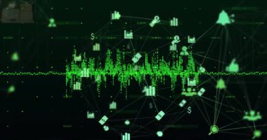 Animation of network of connections with icons on black background. global network, connections and technology concept digitally generated video.