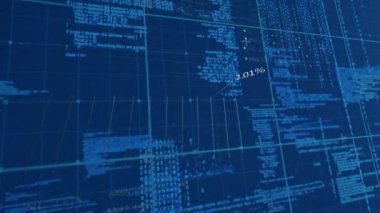 Digital animation of financial and stock market data processing over grid network on blue background. global finance and economy concept