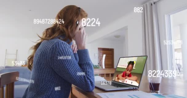Animation Data Processing Caucasian Woman Working Home Having Video Call — 비디오