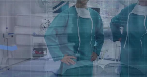 Анимация Цифровой Обработки Данных Над Хирургами Операционной Мировая Медицина Медицинские — стоковое видео