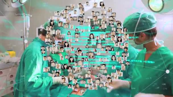 Animation Globe People Photos Data Diverse Surgeons Operating Theatre Global — стоковое видео