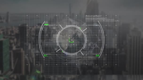 Animation Scope Scanning Financial Data Processing Cityscape Global Finances Data — Vídeos de Stock
