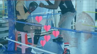 Yüzükteki çeşitli kadın ve erkek boksörlerin üzerinde yüzen kalplerin animasyonu. spor, aktif yaşam tarzı ve profesyonel kutu eğitimi konsepti dijital olarak oluşturulmuş video.