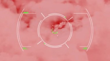 Animation of scope and data processing with clouds on red background. global data processing and computing concept digitally generated video.