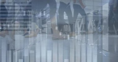 Animation of financial data and graphs over diverse businesspeople walking in office. Business, finance and economy concept digitally generated video.