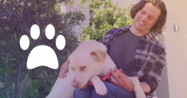 Pençe ikonunun mutlu beyaz adamın köpeğiyle canlandırılması. Ulusal köpek günü ve dijital arayüz konsepti dijital olarak oluşturulmuş video.
