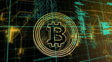 Siyah arka planda veri işleme ve bitcoin animasyonu. Sosyal medya ve dijital arayüz konsepti dijital olarak oluşturulmuş video.