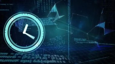 Siyah arka planda veri işleme üzerinde hareket eden saatin animasyonu. küresel iş, finans, bağlantılar ve dijital arayüz konsepti dijital olarak oluşturulmuş video.