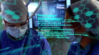 Animation of scientific data processing and chemical structures over diverse surgeons. global medicine, science and data processing concept digitally generated video.