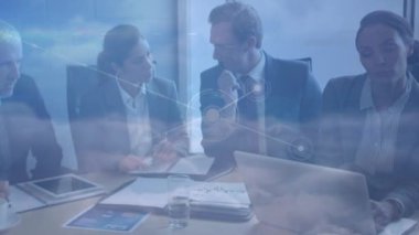 Animation of connections over diverse businesspeople talking and working. global business, connections and technology concept digitally generated video.