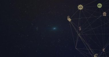 Donanma uzayındaki simgelerle bağlantı ağının animasyonu. ağ, bağlantılar ve teknoloji konsepti dijital olarak oluşturulmuş video.