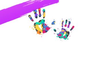 Beyaz arka planda şekillerin ve el izlerinin canlandırılması. Evrensel çocuklar günü ve dijital olarak üretilen video konsepti.