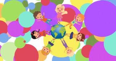 Beyaz arka planda çeşitli çocukların ve dünya ikonunun canlandırılması. Evrensel çocuklar günü ve dijital olarak üretilen video konsepti.