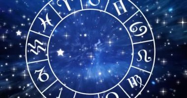 Animation of horoscope symbols over stars on blue background. horoscope and digital interface concept digitally generated video.