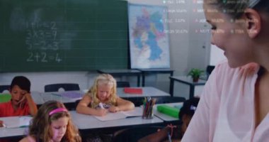 Animation of financial data processing over diverse group of diverse pupils with female teacher. education and learning concept digitally generated video.