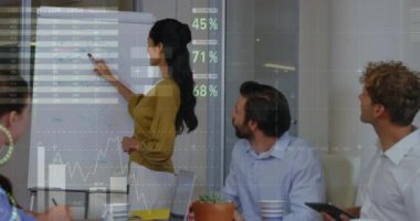 Asyalı wo-man 'a karşı istatistiksel veri işleme ofisteki toplantı odasında sunum yapıyor. iş teknolojisi kavramı