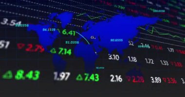 Finansal verilerin dünya haritasında kara arka planda canlandırılması. ticari, finans, teknoloji ve dijital arayüz kavramı dijital olarak oluşturulmuş video.