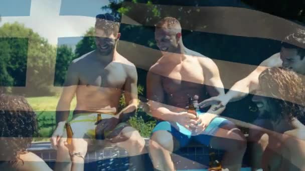 Animation Flag Greece Happy Caucasian Male Friends Having Fun Swimming — Stock Video