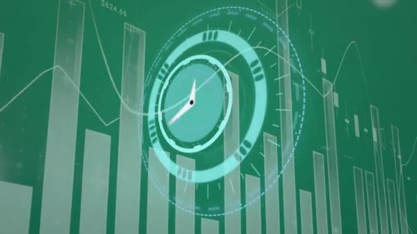 Animation Clock Graphs Green Background Finance Economy Data Processing Technology — Wideo stockowe