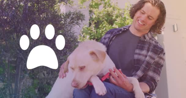 Animation Paw Icon Happy Caucasian Man Dog National Dog Day — Vídeos de Stock