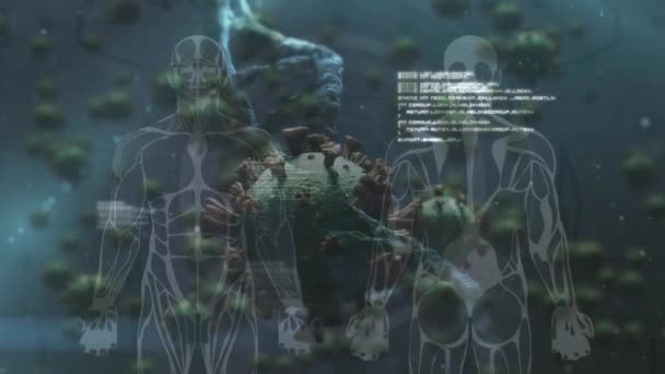 Анимация Цифрового Человека Над Вирусными Клетками Глобальная Наука Время Шабаша — стоковое видео