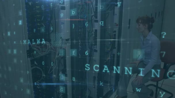 Animation Cyber Attack Text Data Processing Caucasian Female Technician Server — Stock video