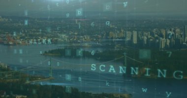Şehir manzarası üzerinde veri işleme animasyonu. küresel iş ve dijital arayüz kavramı dijital olarak oluşturulmuş video.