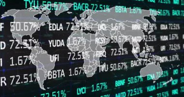 Kara fon üzerinde dünya haritası üzerinde borsa animasyonu. küresel finansmanlar, veri işleme ve dijital arayüz kavramı dijital olarak oluşturulmuş video.