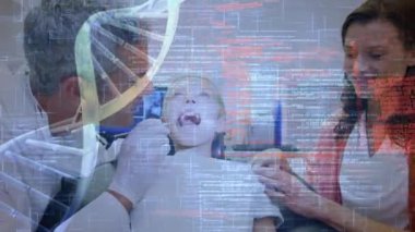 Animation of medical data processing over two caucasian dentists and patient. global medicine, connections and technology concept digitally generated video.