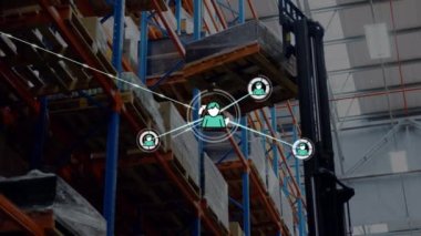 Animation of network of connections with icons over warehouse. business, connections, technology and delivery services concept digitally generated video.