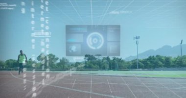 Engelli Afro-Amerikan erkek koşucunun veri işleme animasyonu. Küresel spor ve dijital arayüz kavramı dijital olarak oluşturulmuş video.