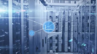 Animation of network of connections with icons over computer servers. global connections, computing and data processing concept digitally generated video.