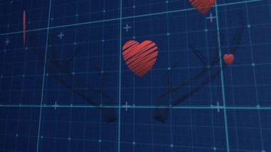 Boynuz üzerinde kalp ikonlarının canlandırılması. küresel iş ve dijital arayüz kavramı dijital olarak oluşturulmuş video.